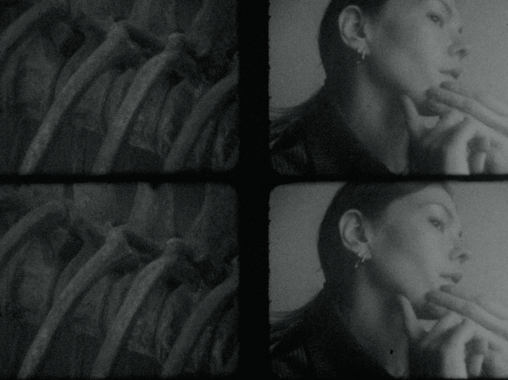 Black-and-white still image of four frames. The top left and bottom frames are the same image of an abstract pattern resembling interwoven or layered organic materials.