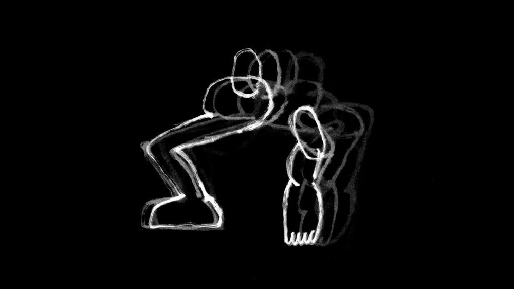 Black background with a white hand drawn image featuring shapes that resemble human legs and feet.