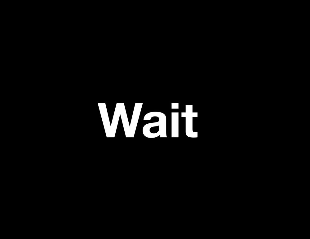 Black background with sans serif white text of the word “Wait.”