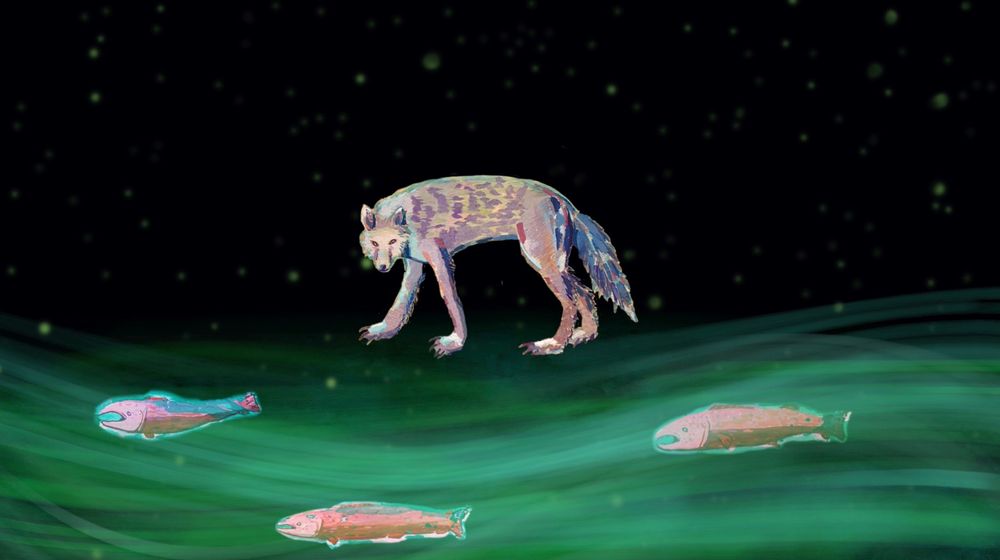 Hand-drawn images of a wolf-like creature atop a haze of green waves with three orange fish. Background is black with yellow star-like spots throughout.