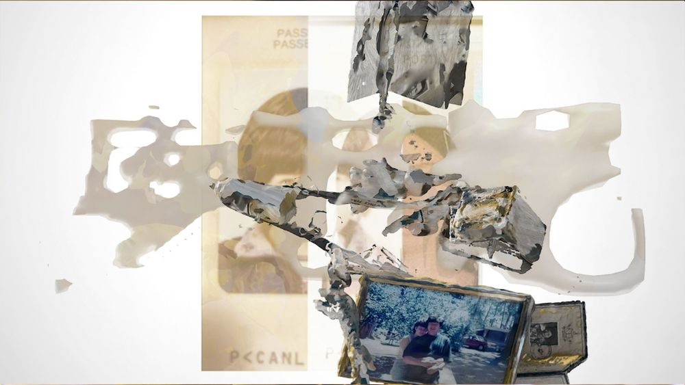 A collage of various 3D-rendered elements juxtaposed by scans of a sepia-toned passport photo and a photograph of a couple embracing outdoors, the image slightly sun-bleached.