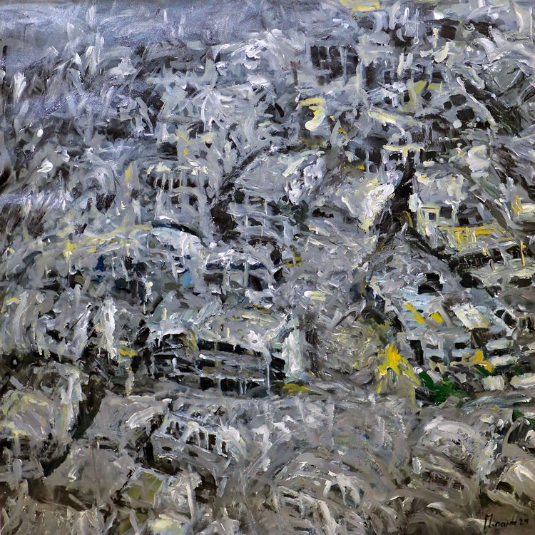 Motaz Naim, Grey Ruin, acrylic on canvas, 2024
