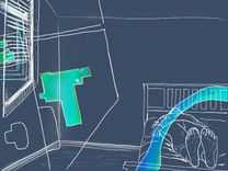 Hand-drawn image illustrating a corner of a room with a person resting on top of a bed. There are various shapes and lines superimposed on the left of the image. 